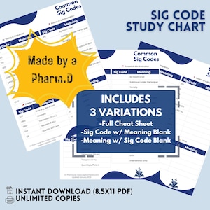 Peut inclure: Un tableau d'étude intitulé "SIG CODE STUDY CHART" avec des listes de "Common Sig Codes". Comprend 3 variantes : Full Cheat Sheet, Sig Code w/ Meaning Blank et Meaning w/ Sig Code Blank. Le texte "Made by a Pharm.D" est également visible.