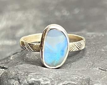 100% natural solid blue Australian black opal in handmade sterling silver ring US 6.5