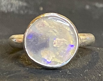100% natural large round solid Australian crystal opal in handmade sterling silver ring US 7 3/4