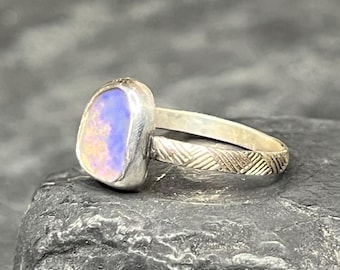 100% natural solid purple Australian crystal opal in handmade sterling silver ring US 7 3/4
