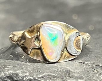 100% natural solid Australian crystal opal in handmade celestial sterling silver ring US 10