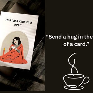 Biglietto d'auguri stampabile accogliente per lei - "Questo biglietto porta un abbraccio" - caffè, conforto e amore - Biglietto d'auguri digitale