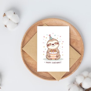 Cute Sloth Birthday Card – Happy Birthday Greeting with Cake – 5x7 Folded & 4x6 Flat Printable”