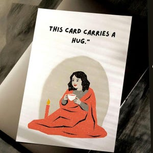 Cozy Printable Card for Her – “This Card Carries a Hug” – coffee, Comfort & Love – Digital Greeting Card