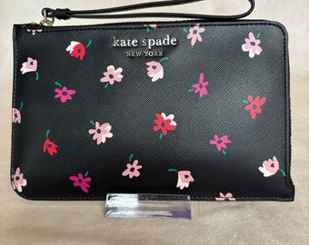 Kate Spade Medium L Zip Ditsy Buds Print Wristlet, Black multi