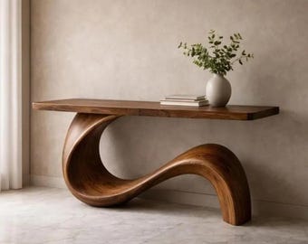 Mesa de console de luxo artesanal com design elegante em formato de onda - Mesa de madeira maciça com acabamento natural - Mesa de centro minimalista