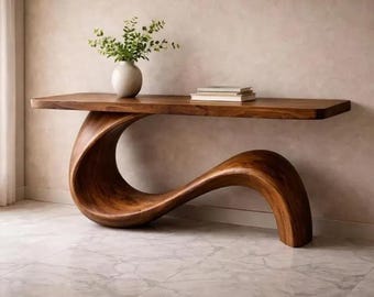 Handgemaakte elegante golfvorm luxe consoletafel - zeer natuurlijke massief houten tafel - minimalistische salontafel