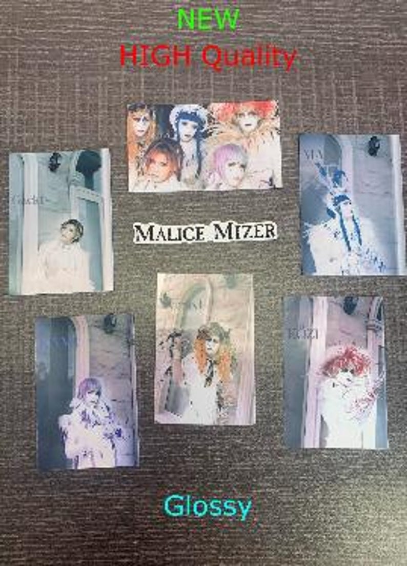 May include: Six glossy photo cards featuring a Japanese visual kei band called Malice Mizer. The cards are white with black text and feature images of the band members in various poses.