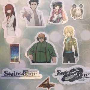 May include: A collection of anime-style stickers featuring characters and logos from the "Steins;Gate" series. The stickers include images of characters in various poses and the series logo in white and black.