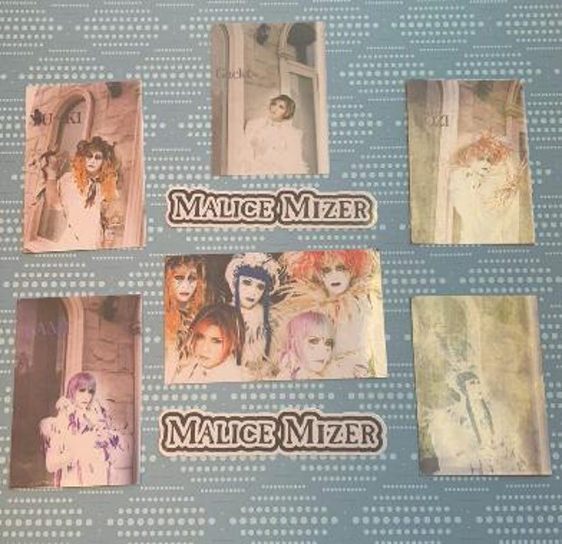 May include: A collage of eight images featuring the Japanese visual kei band Malice Mizer. The images are in black and white and feature the band members in various poses. The band's name is written in bold letters at the bottom of the collage.