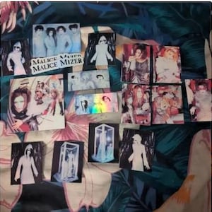 Puede incluir: Una colección de 14 pegatinas con imágenes de una banda de rock japonesa, Malice Mizer. Las pegatinas están impresas en papel blanco y tienen un acabado brillante. Algunas de las pegatinas muestran a los miembros de la banda con sus característicos abrigos blancos con capucha, mientras que otras muestran imágenes de tigres y otros animales. Las pegatinas son de diferentes tamaños y formas.