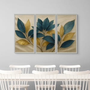 Printable Wall Art Blue & Gold Botanical Wall Art Set of 3 – Triptych, Modern Plant Prints, Luxury Leaf Decor, Digital Download for Home