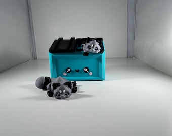 3D Printed Articulated Raccoons and Dumpster, Gift for Animal Lovers, Flexible Fidget Toy, Trash Pandas