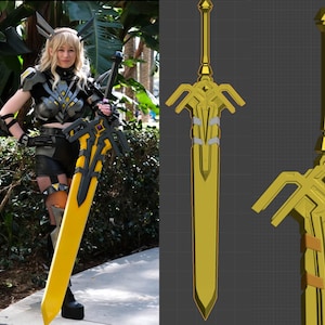May include: A cosplay image featuring a person in a black and silver outfit holding a large yellow and black sword. The sword has a detailed hilt and a wide blade. The person is standing in front of a green background.