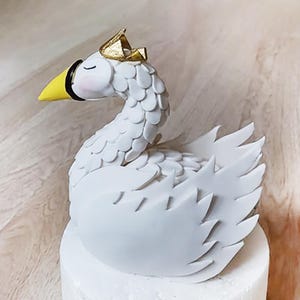 Swan Cake Topper. Elegant White Fondant Swan with Gold Crown for Princess, Ballet, or Birthday Cakes