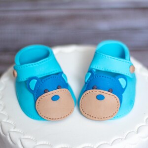 Baby Shoes Cake Topper. Blue Bear-Themed Edible Booties for Baby Shower or 1st Birthday Cake Decoration