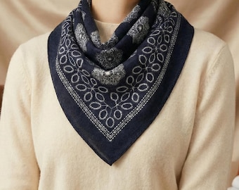 100% Wool Scarf: Sashiko-Style Floral Bandana Print, Chic Dark Indigo & White Floral Medallion Unisex (26"x26")