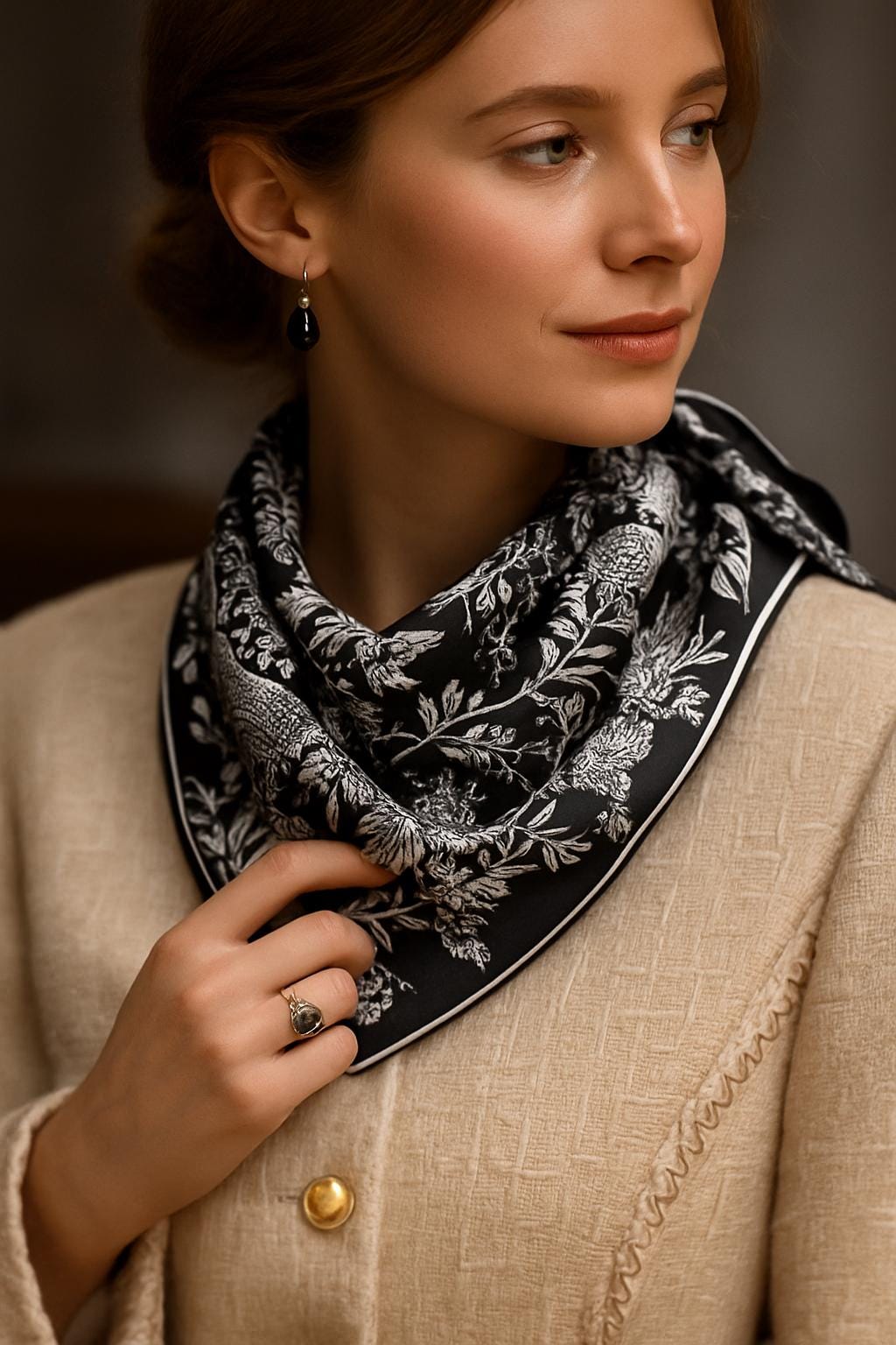 Silk Wool Double-sided Scarf – Indigo & Black Reversible Aviary