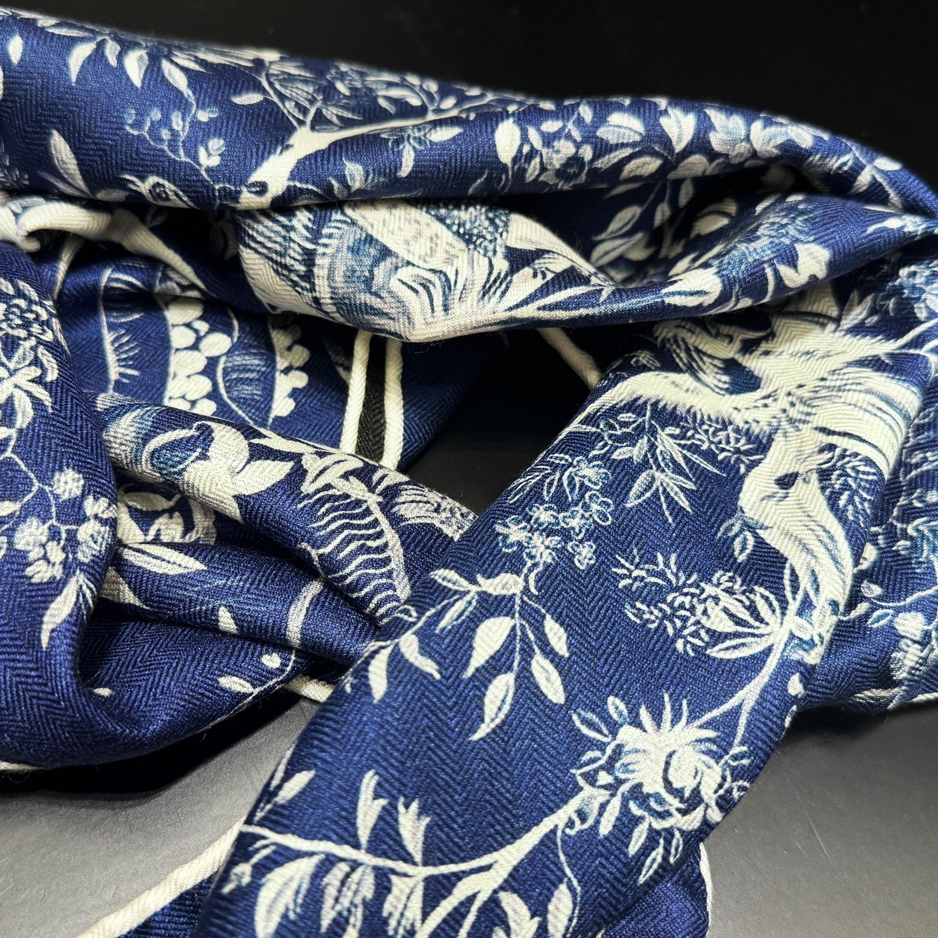 Silk Wool Double-sided Scarf – Indigo & Black Reversible Aviary