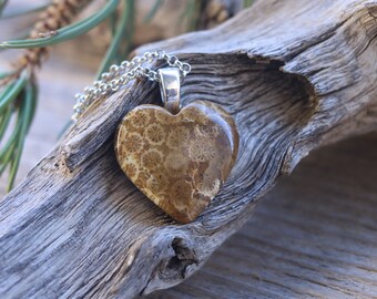 Gemstone Heart Necklace, Valentine Gift for Her, Fossil Jewelry