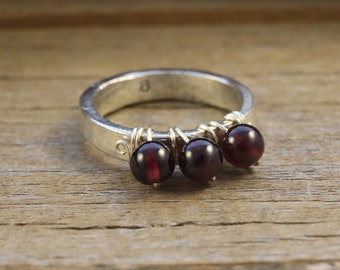 Wire Wrapped Beaded Garnet Ring, Silver Ring, Gemstone Ring, Healing Stone Ring