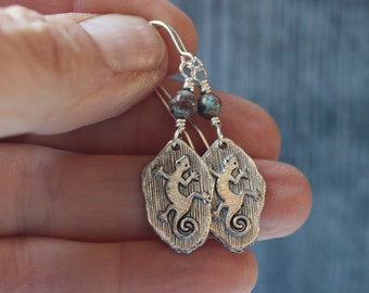 Silver Southwest Lizard and Gemstone Dangle Earrings, Handmade in New Mexico