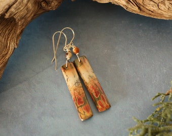 Long Red Creek Jasper Dangles, Autumn Gemstone Earrings, Gift for Mom