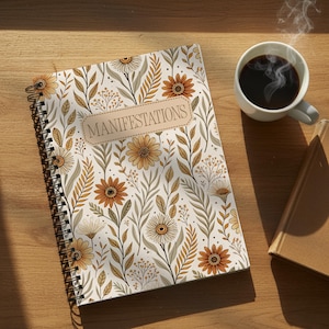 May include: A spiral-bound notebook with a cream-colored cover featuring a repeating pattern of brown, orange, and sage green wildflowers and foliage. The word "MANIFESTATIONS" is printed in a rectangular box in the center of the cover.