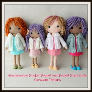 May include: Four handmade felt dolls wearing knitted cardigans. The dolls have different colored hair and dresses. The dolls are standing in a row on a white background. Gingermelon Pocket Poppet and Pocket Pixie Dolls Cardigan Pattern.