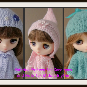 May include: Three knitted doll outfits in pink, blue and lavender. Each outfit includes a hat and cardigan. The doll outfits are designed for a middie Blythe doll.