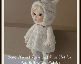 Instant Download PDF Knitting Pattern for Long Sleeved Dress and Pixie Hat for Lati Yellow and Pukifee