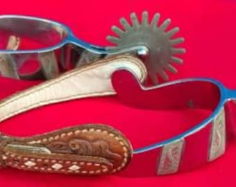 Vintage Crockett & Ranalde Tooled Spurs 2.5" Rowels Leather Straps