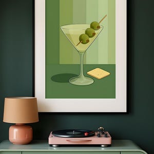 Brudny Martini i Cracker Print | Wydrukowana dekoracja ścienna | Dekoracja baru Cocktail Art | Modna ściana kuchenna | Minimalistyczny