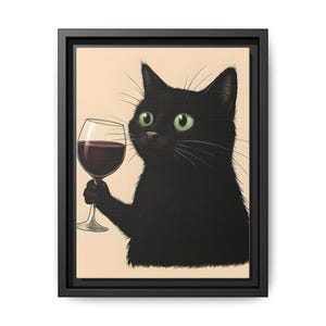 赤ワイングラスを持つ黒猫の油絵風アートプリント | 面白い猫好きの壁飾り | 猫のポスター - 額入り