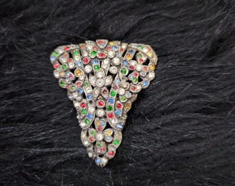 Vintage Deco Old Hollywood Multi Color Rhinestone Pot Metal Dress Clip Vintage Art Deco Multicolor Pot Metal & RHINESTONE 3 Leaf  main image 4