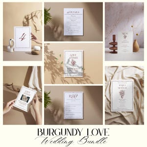 Burgundy Wedding Invitation Suite – Canva Editable Template | Save the Date, RSVP, Program, Menu, Seating Chart, Thank You Cards