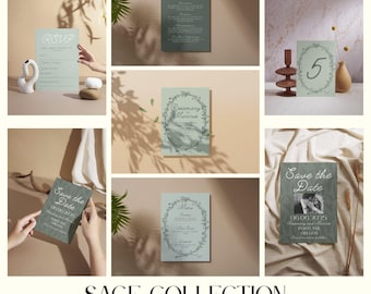 Sage Green Wedding Invitation Suite – Editable Canva Template | Printable RSVP, Save the Date, Program, Seating Chart | Instant Download