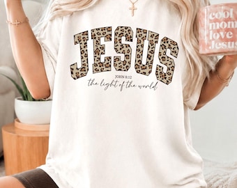 Jesus The Light of the World Shirt for Women Comfort Colors Tee John 8:12 Bible Verse Leopard Print Gift for Her Faith Apparel Varsity Tee