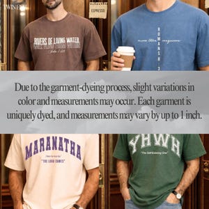 May include: A collection of four short-sleeved t-shirts in brown, blue, cream, and green. The brown shirt features white text reading RIVERS OF LIVING WATER John 7:38. The blue shirt displays white text reading more than conquerors ROMANS 8:37. The cream shirt has purple text reading MARANATHA /ma-ra-na-ta/ THE LORD COMES. The green shirt shows white text reading YHWH The Self-Existing One.