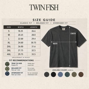 May include: A size guide chart for a charcoal gray t-shirt by TWIN FISH. The chart lists sizes S through 4XL with width and length measurements in inches. A diagram shows where to measure width and length on the shirt, alongside fit recommendations.