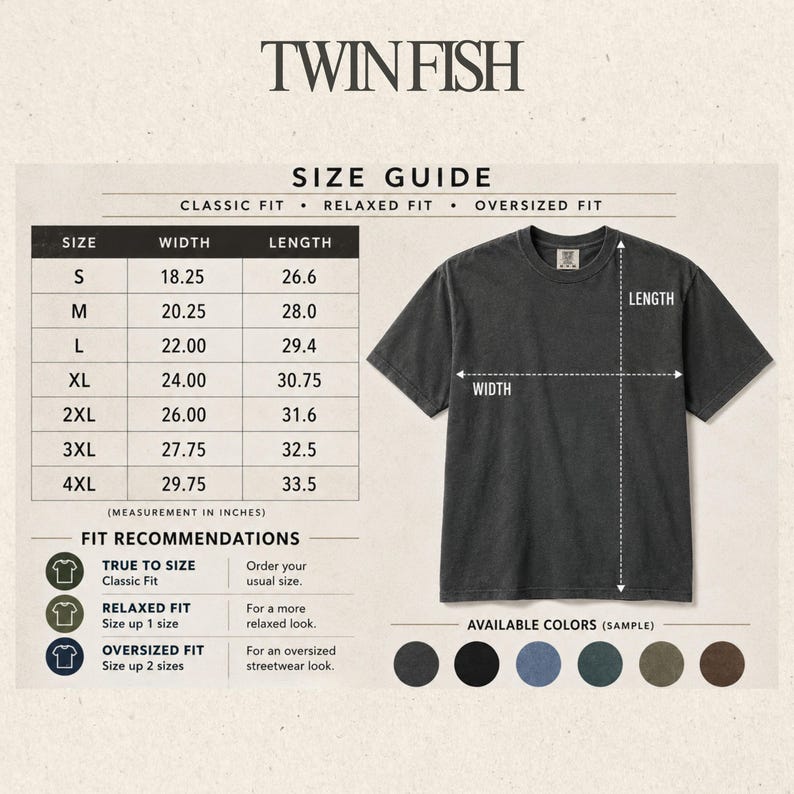 May include: A size guide chart for a charcoal gray t-shirt by TWIN FISH. The chart lists sizes S through 4XL with width and length measurements in inches. A diagram shows where to measure width and length on the shirt, alongside fit recommendations.