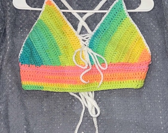 Rainbow Crochet Crop Top | Handmade Acrylic Festival Clothes (Large)