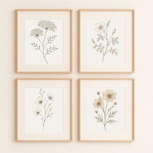 de fleurs botaniques vintage, lot de 4 | Dessins au trait de fleurs sauvages | Impressions botaniques neutres, salle de bains de ferme, art rustique