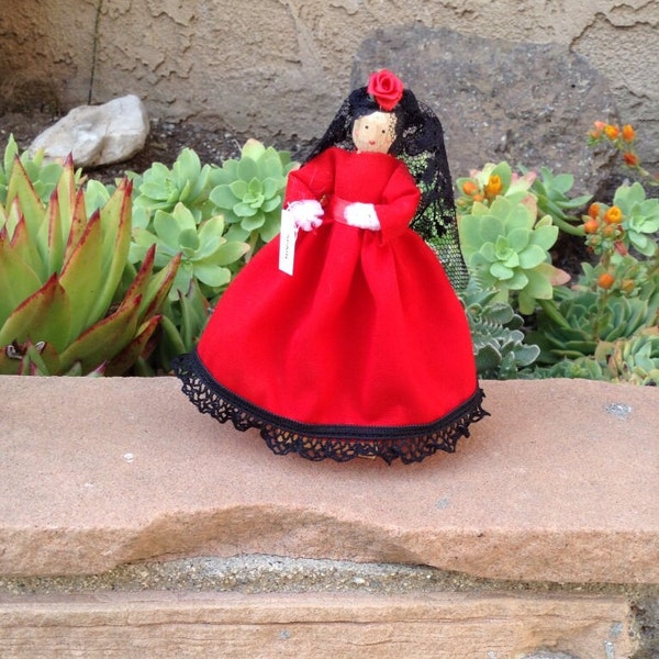 Spain clothespin doll, Spanish doll - red dress, flamenco dancer style dress, ready to ship