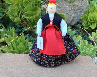 Germany clothespin doll, black, red, white, pink flower dress