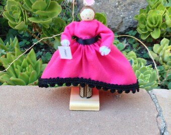 France clothespin doll - pink and black dress - french doll, can-can dancer