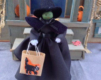 Halloween clothespin doll, witch's costume, black dress trick-or-treat bag, black cat - ready to ship!