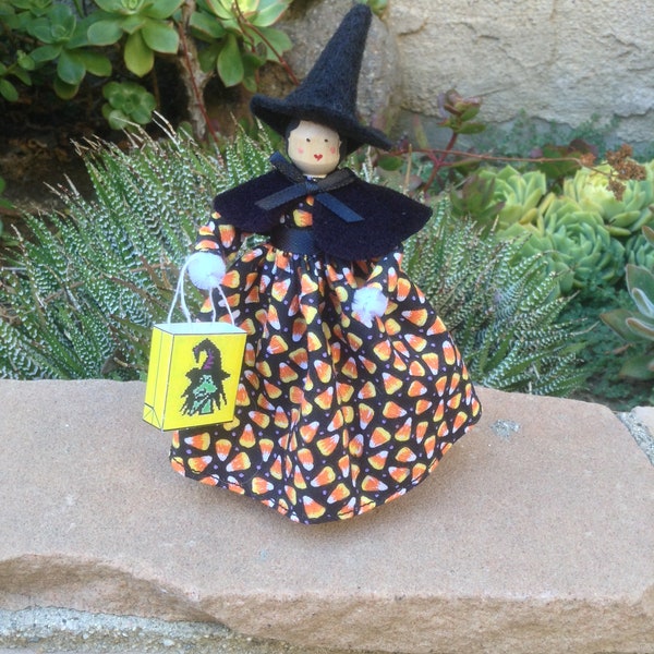 Halloween clothespin doll, black dress with candy corn pattern, trick-or-treat bag - ready to ship!