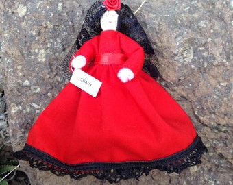 Muñeca española con pinzas para la ropa, adorno para muñeca española - vestido rojo, vestido estilo bailarina de flamenco, lista para enviar