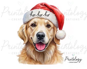 May include: A watercolor illustration of a Golden Retriever wearing a Santa hat. The hat is red with a white trim and a white pom-pom. The text "ho-ho-ho" is written on the hat. The dog has a happy expression with its tongue out.